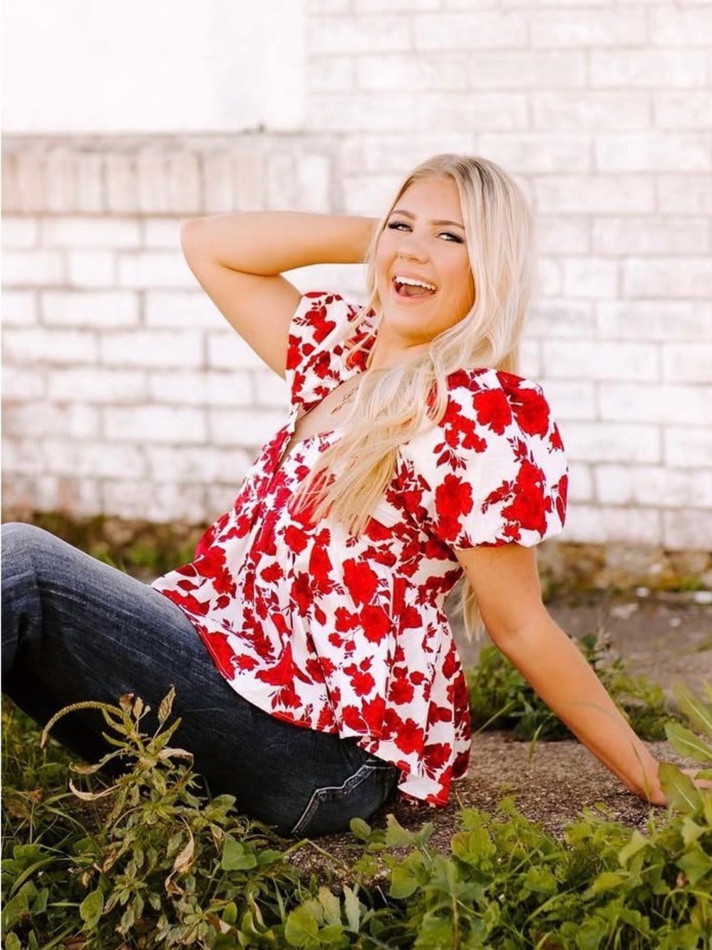 Buddy Love Floral Puff-Sleeve Peplum Top in Red and White